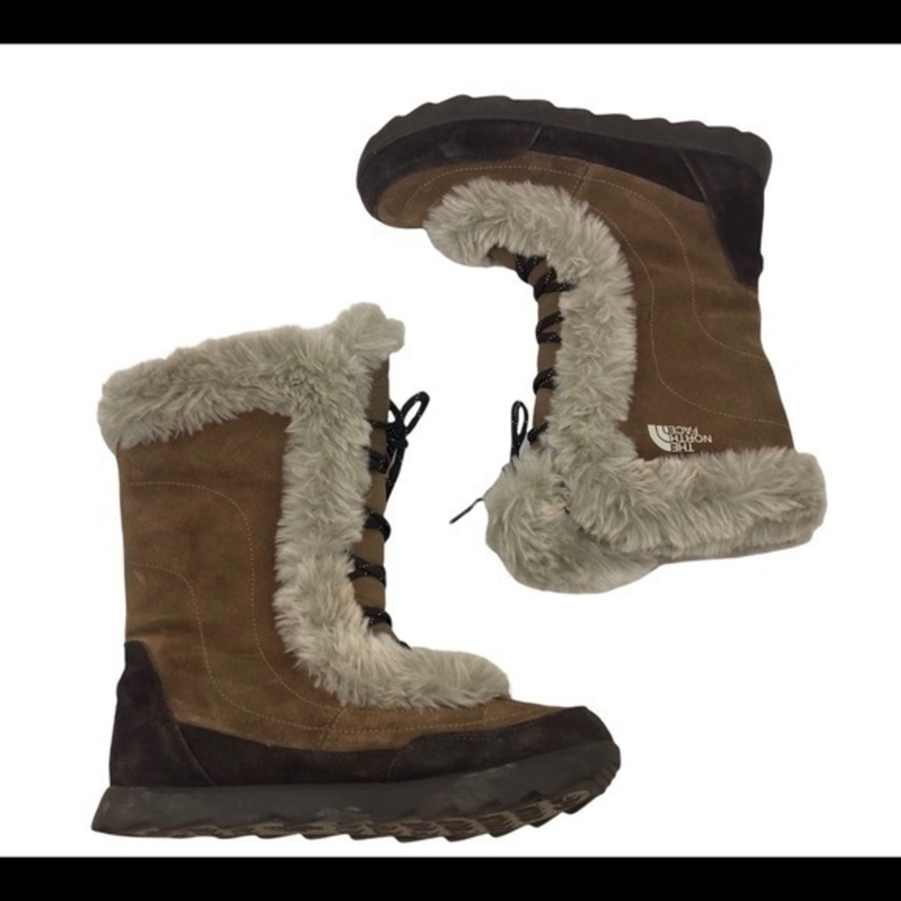 The North Face brown Nuptse Fur Winter Boots heat seeker insulated lace up sz 9